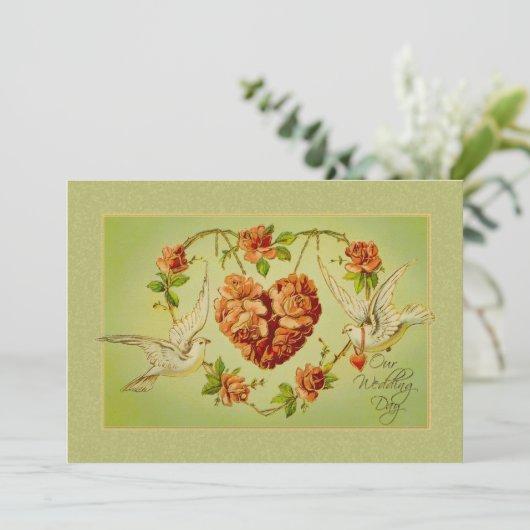  duif Roos hart bruiloft uitnodiging zomer (Staand voorkant)