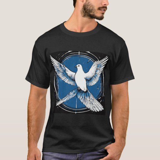 Duif van vrede, zwart wit blauw t-shirt (Voorkant)