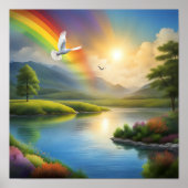 Duif vliegen over een sereen landschap poster (Voorkant)