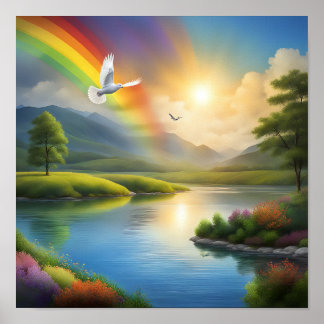 Duif vliegen over een sereen landschap poster