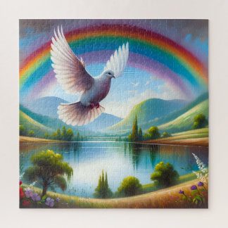 Duif vliegend onder een regenboog legpuzzel