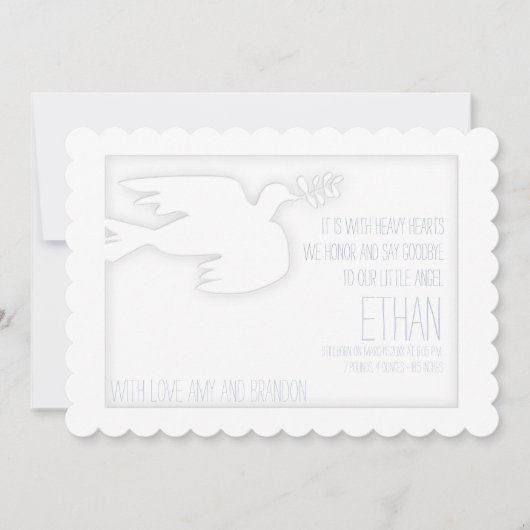 Duif voor een engel kind begrafenis aankondiging (Voorkant)