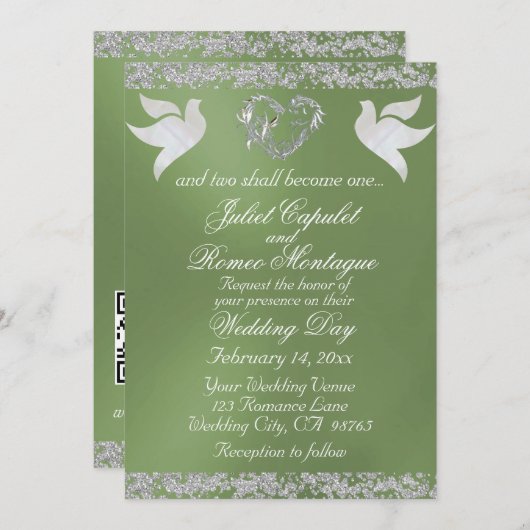 Duif, Zilveren Hart & Glitter, QR Code - Sage Kaart (Voorkant / Achterkant)