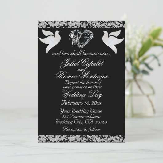 Duif, Zilveren Hart & Glitter, QR Code - Zwart Kaart (Staand voorkant)