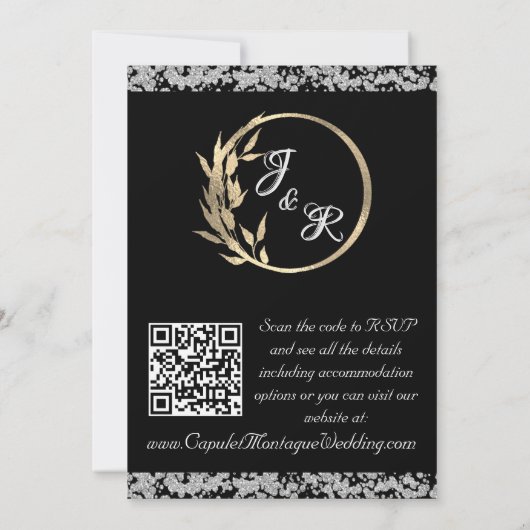 Duif, Zilveren Hart & Glitter, QR Code - Zwart Kaart (Achterkant)