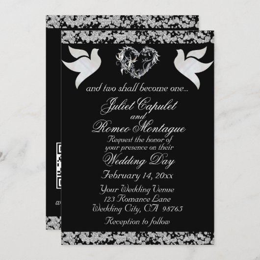 Duif, Zilveren Hart & Glitter, QR Code - Zwart Kaart (Voorkant / Achterkant)