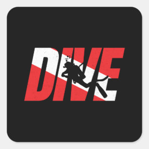 Duik, duik met scuba-duiker, duik met vlag omlaag vierkante sticker