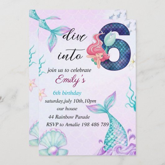 Duik in de uitnodiging voor de 6e verjaardag van d (Voorkant / Achterkant)