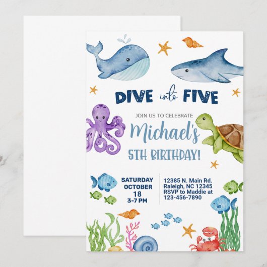 Duik in Five Boy 5th Birthday zee Life Invite. Kaart (Voorkant / Achterkant)