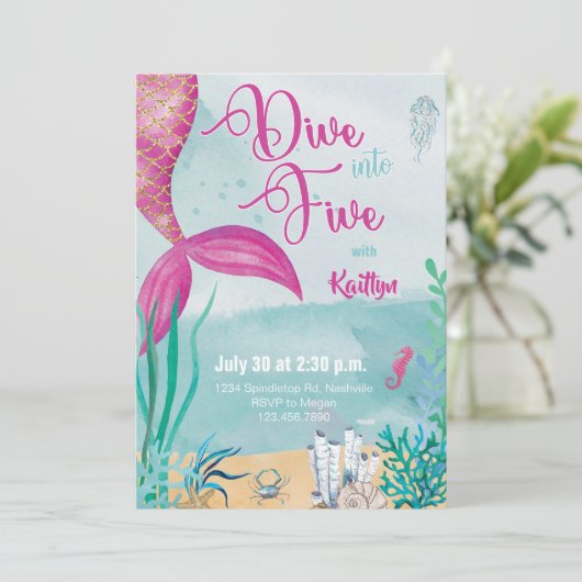 Duik in Five Mermaid Under the Zee Birthday Kaart (Staand voorkant)