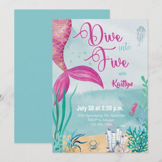 Duik in Five Mermaid Under the Zee Birthday Kaart (Voorkant / Achterkant)