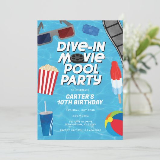 Duik in Movie Pool Party Uitnodiging voor verjaard (Staand voorkant)