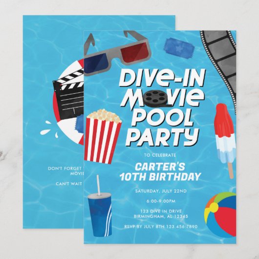 Duik in Movie Pool Party Uitnodiging voor verjaard (Voorkant / Achterkant)