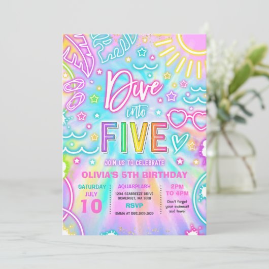 Duik in Vijf 5e Verjaardag Pool Party Kaart (Staand voorkant)