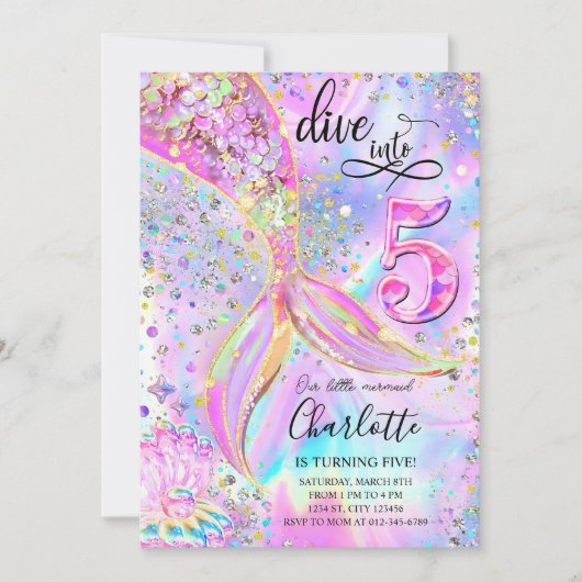 Duik in vijf 5e verjaardag zeemeermin uitnodiging (Voorkant)
