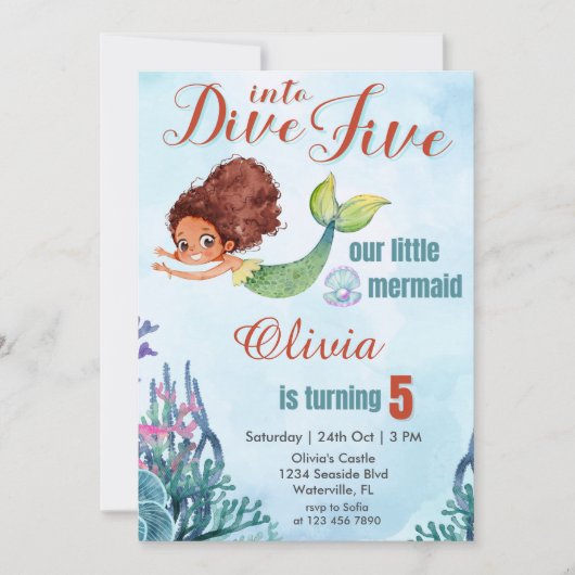 Duik in Vijf Bruine Zeemeermin 5e Verjaardag Meisj Kaart (Voorkant)