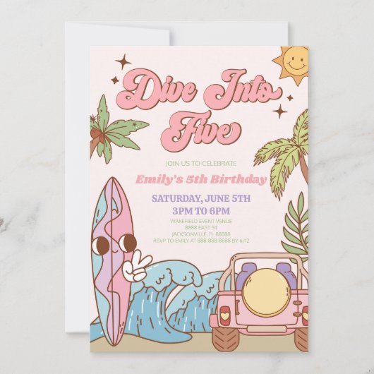 Duik in vijf groovy retro 5e verjaardagsfeestje kaart (Voorkant)