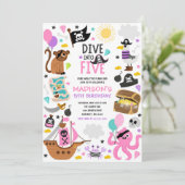 Duik in Vijf Meisje Roze Piraat 5e Verjaardagsfees Kaart (Staand voorkant)