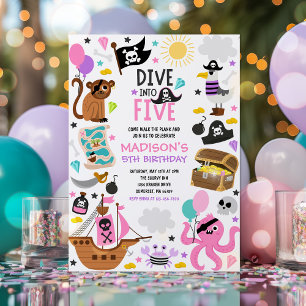 Duik in Vijf Meisje Roze Piraat 5e Verjaardagsfees Kaart