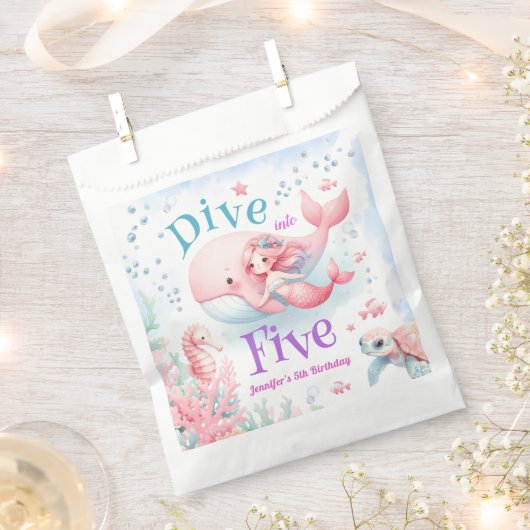 Duik in vijf! Meisje Roze Zeemeermin 5e Verjaardag Bedankzakje (Geknipt)