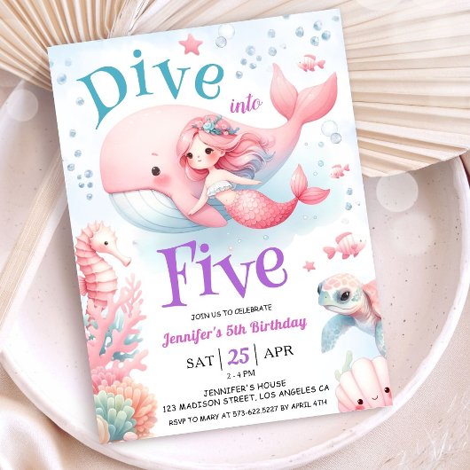 Duik in vijf! Meisje Roze Zeemeermin 5e Verjaardag Kaart