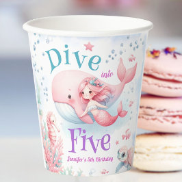 Duik in vijf! Meisje Roze Zeemeermin 5e Verjaardag Papieren Bekers