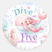Duik in vijf! Meisje Roze Zeemeermin 5e Verjaardag Ronde Sticker (Voorkant)