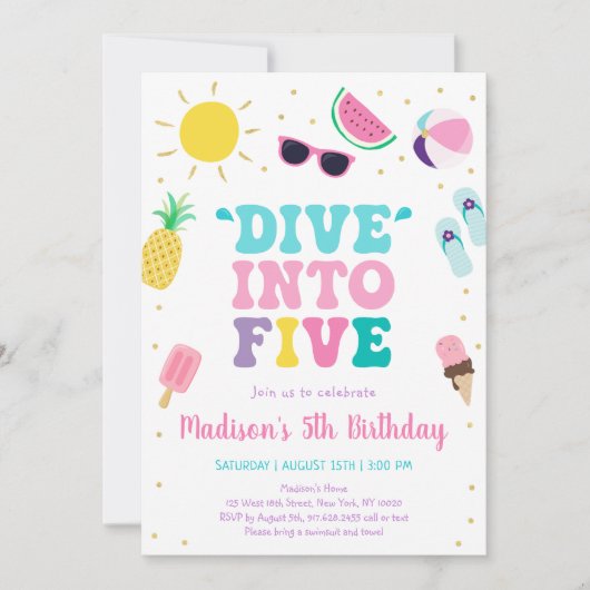 Duik in Vijf Meisje Zwembad Party 5e Verjaardag Kaart (Voorkant)