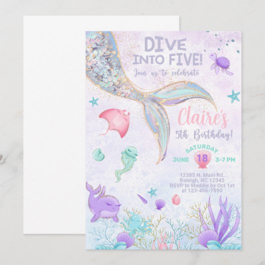 Duik in vijf meisjes 5e verjaardag zeemeermin uitn kaart (Voorkant / Achterkant)