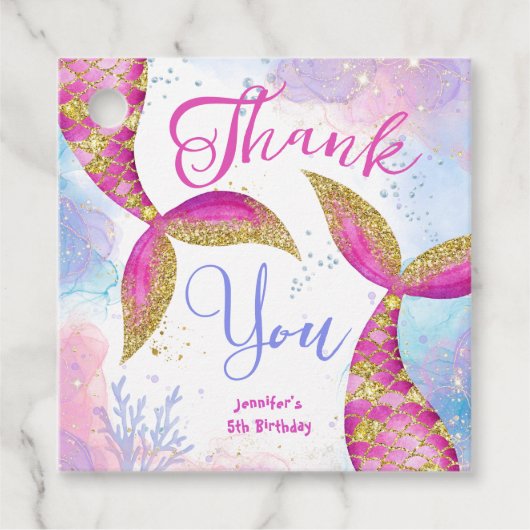 Duik in Vijf Meisjes Roze Zeemeermin 5e Verjaardag Bedankjes Labels (Voorkant)
