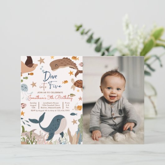 Duik in vijf onder het Zee Shark Birthday Party Kaart (Staand voorkant)