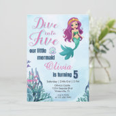 Duik in vijf Paarse zeemeermin meisjes 5e verjaard Kaart (Staand voorkant)