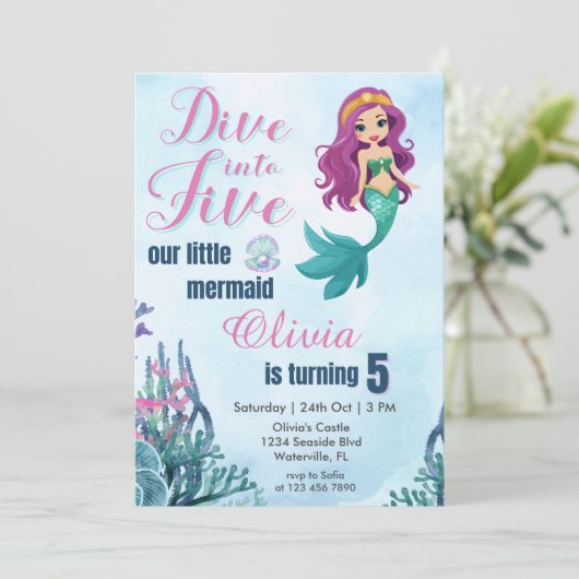 Duik in vijf Paarse zeemeermin meisjes 5e verjaard Kaart (Staand voorkant)