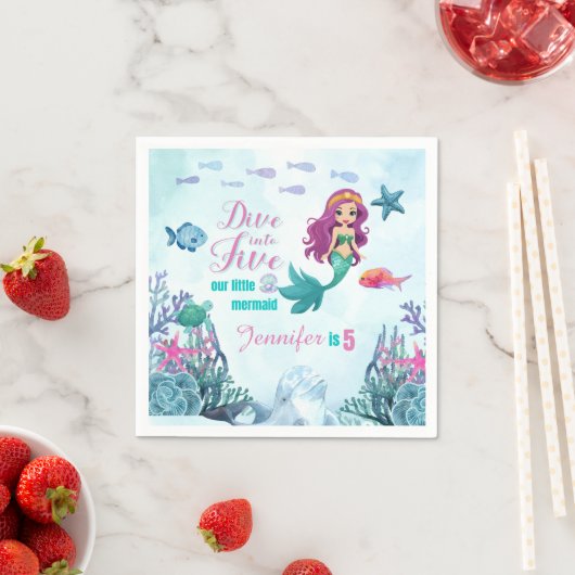 Duik in vijf Paarse zeemeermin meisjes 5e verjaard Servet (Insitu)