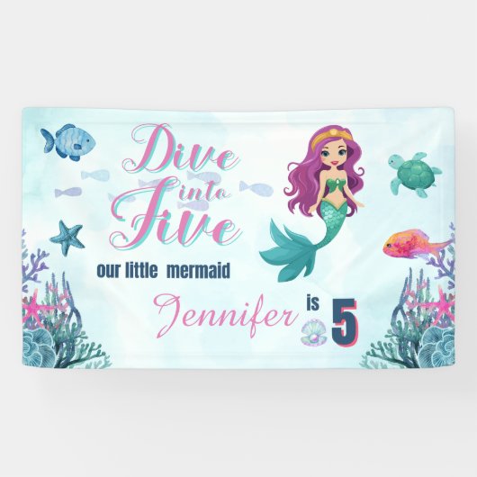 Duik in vijf Paarse zeemeermin meisjes 5e verjaard Spandoek (Horizontaal)