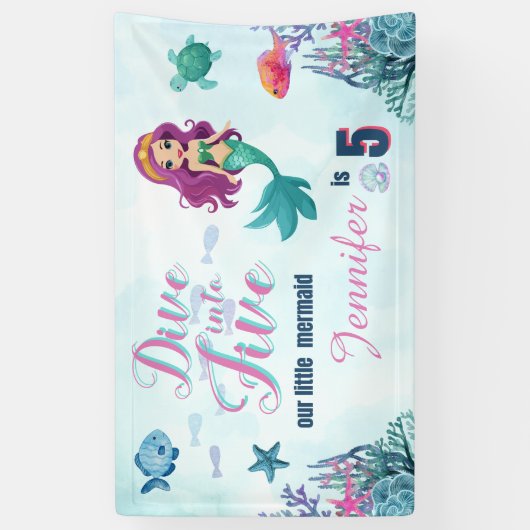 Duik in vijf Paarse zeemeermin meisjes 5e verjaard Spandoek (Verticaal)