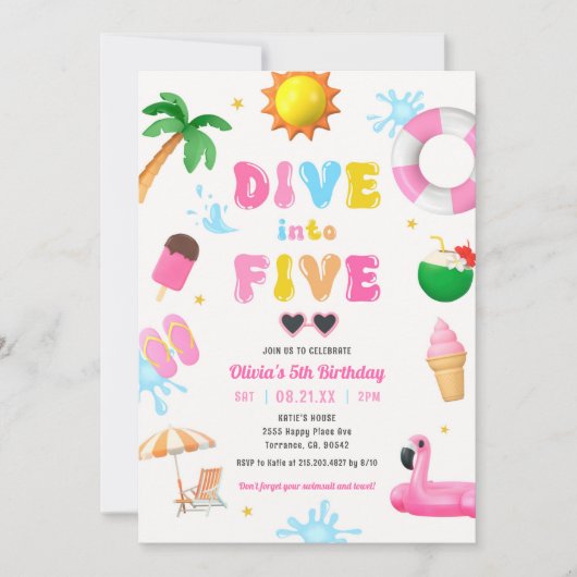 Duik in Vijf Pool Party Meisje 5e Verjaardagsfeest Kaart (Voorkant)