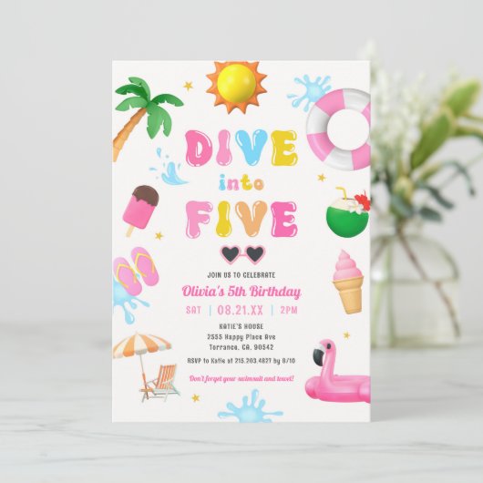 Duik in Vijf Pool Party Meisje 5e Verjaardagsfeest Kaart (Staand voorkant)