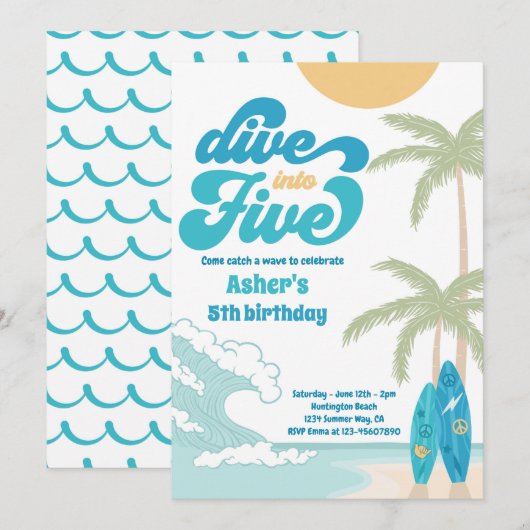 Duik in Vijf Retro Surf 5e Verjaardagsfeestje Kaart (Voorkant / Achterkant)