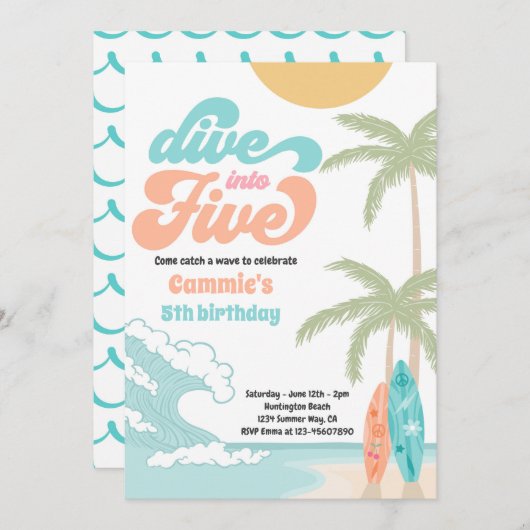 Duik in Vijf Retro Surf 5e Verjaardagsfeestje Kaart (Voorkant / Achterkant)