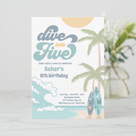 Duik in Vijf Retro Surf 5e Verjaardagsfeestje Kaart (Staand voorkant)