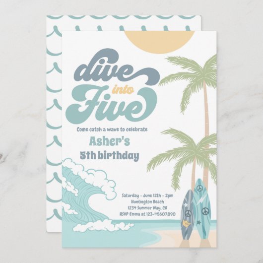 Duik in Vijf Retro Surf 5e Verjaardagsfeestje Kaart (Voorkant / Achterkant)