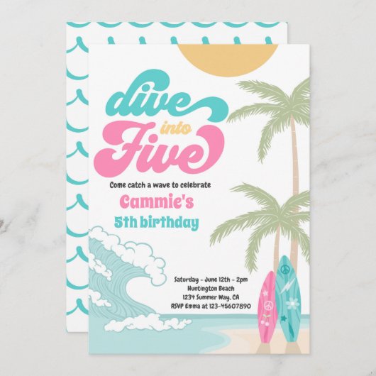 Duik in Vijf Retro Surf 5e Verjaardagsfeestje Kaart (Voorkant / Achterkant)