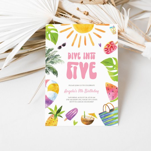 Duik in Vijf Roze Retro Verjaardag Uitnodiging