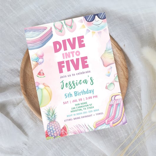 Duik in vijf - Summer Girl 5e verjaardagsfeestje Kaart