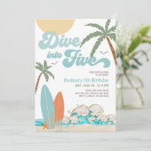 Duik in vijf surfjongens 5e verjaardagsfeestje kaart (Staand voorkant)