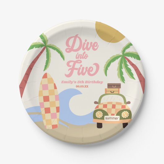 Duik in vijf Surven bord roze 5e verjaardagsfeest (Voorkant)