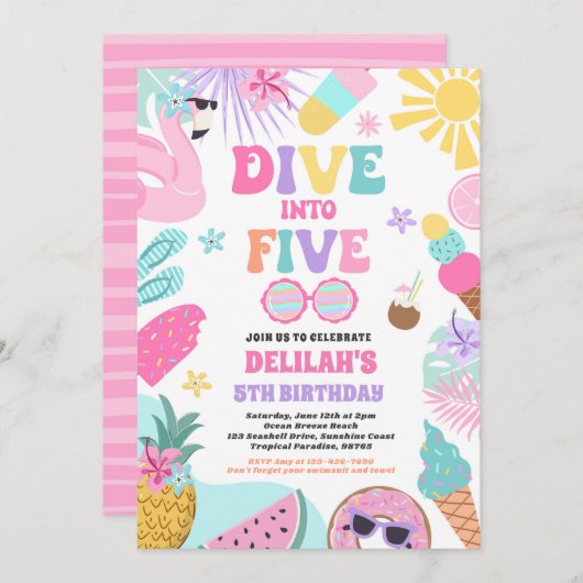 Duik in Vijf Tropisch Strand 5e Verjaardagsfeestje Kaart (Voorkant / Achterkant)