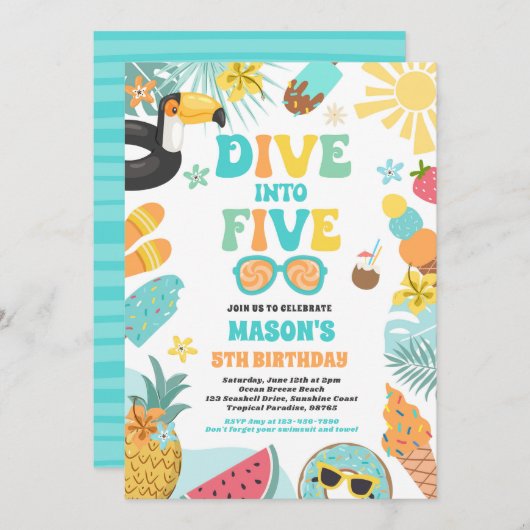 Duik in Vijf Tropisch Strand 5e Verjaardagsfeestje Kaart (Voorkant / Achterkant)