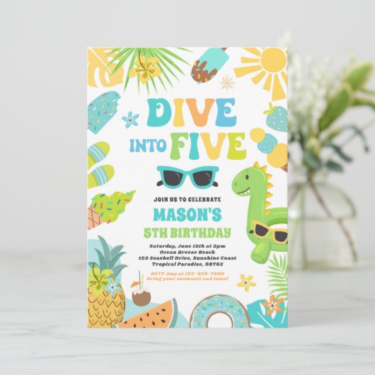 Duik in Vijf Tropisch Strand 5e Verjaardagsfeestje Kaart (Staand voorkant)